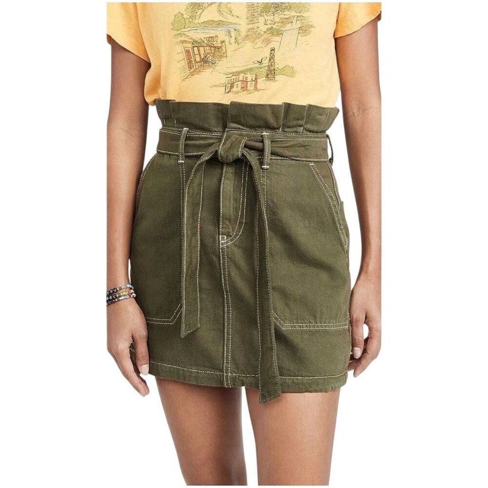 Free People Green Splendor In The Grass Paper Bag Waist Denim Skirt Size 8